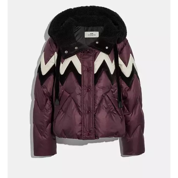 Coach Jackets & Blazers - COACH Puffer Jacket Women's Winter Coat Burgundy Zigzag Sherpa Hood Cozy